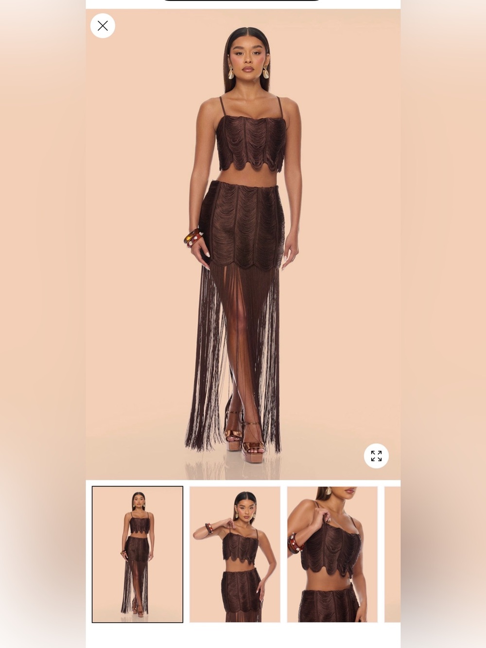 Fashion Nova Brown Crocheted Fringe Maxi Skirt